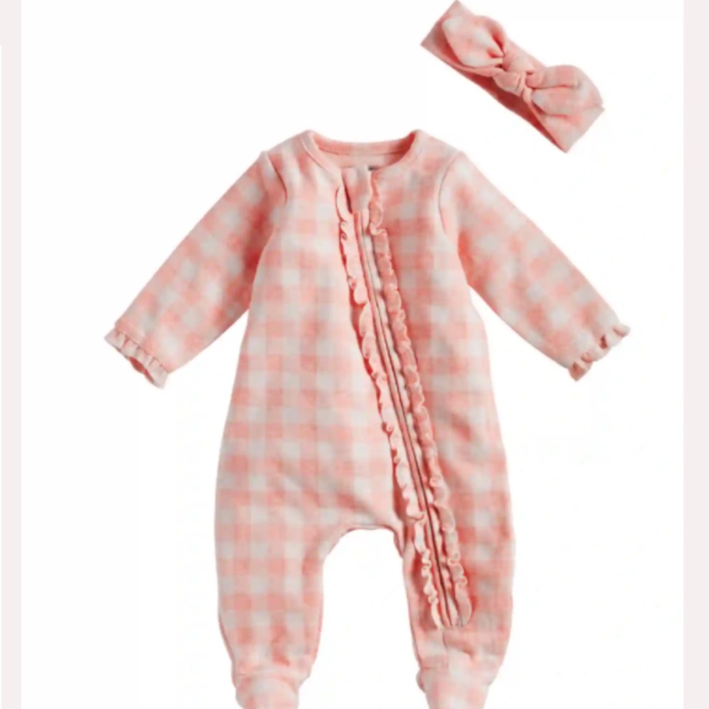 🎀Mud Pie Pink Gingham Onesie w/matching Headband 🎀